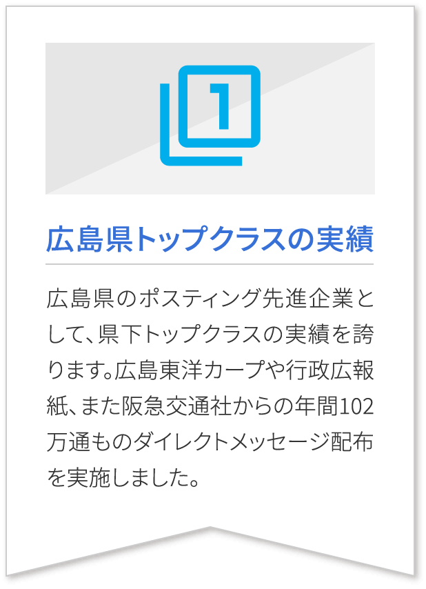 広島県トップクラスの実績 広島県のポスティング先進企業として、県下トップクラスの実績を誇ります。広島東洋カープや行政広報紙、また阪急交通社からの年間102万通ものダイレクトメッセージ配布を実施しました。