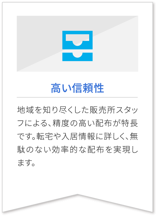 高い信頼性 地域を知り尽くした販売所スタッフによる、精度の高い配布が特長です。転宅や入居情報に詳しく、無駄のない効率的な配布を実現します。