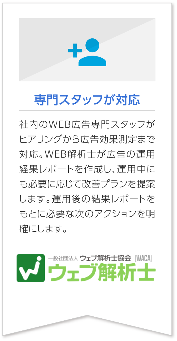 専門スタッフが対応 社内のＷＥＢ広告専門スタッフがヒアリングから広告効果測定まで対応。ＷＥＢ解析士が広告の運用経果レポートを作成し、運用中にも必要に応じて改善プランを提案します。運用後の結果レポートをもとに必要な次のアクションを明確にします。